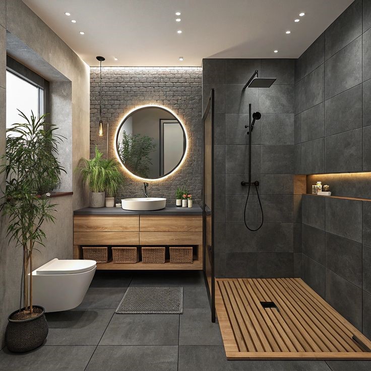 Walk-in Dusche mit Holzrost und grauen Fliesen