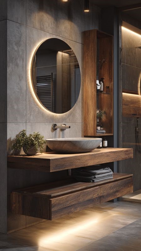 Badezimmer mit Nischenbeleuchtung und Glasdusche