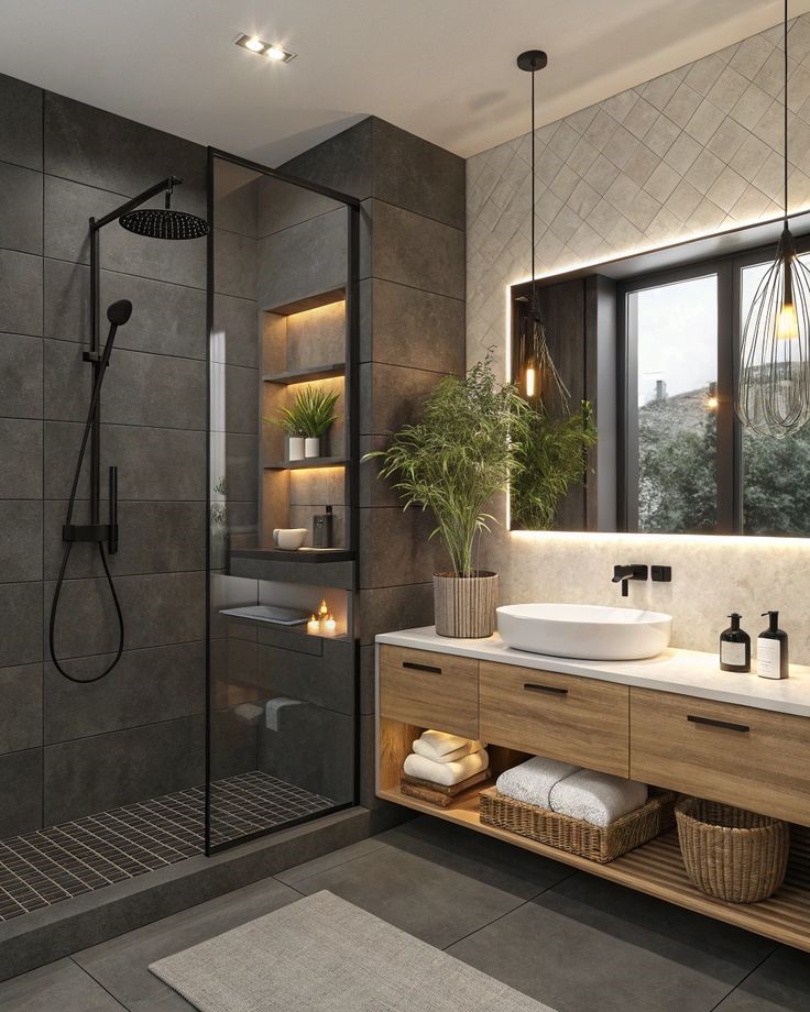 Waschtisch mit massivem Holz und Ambientebeleuchtung