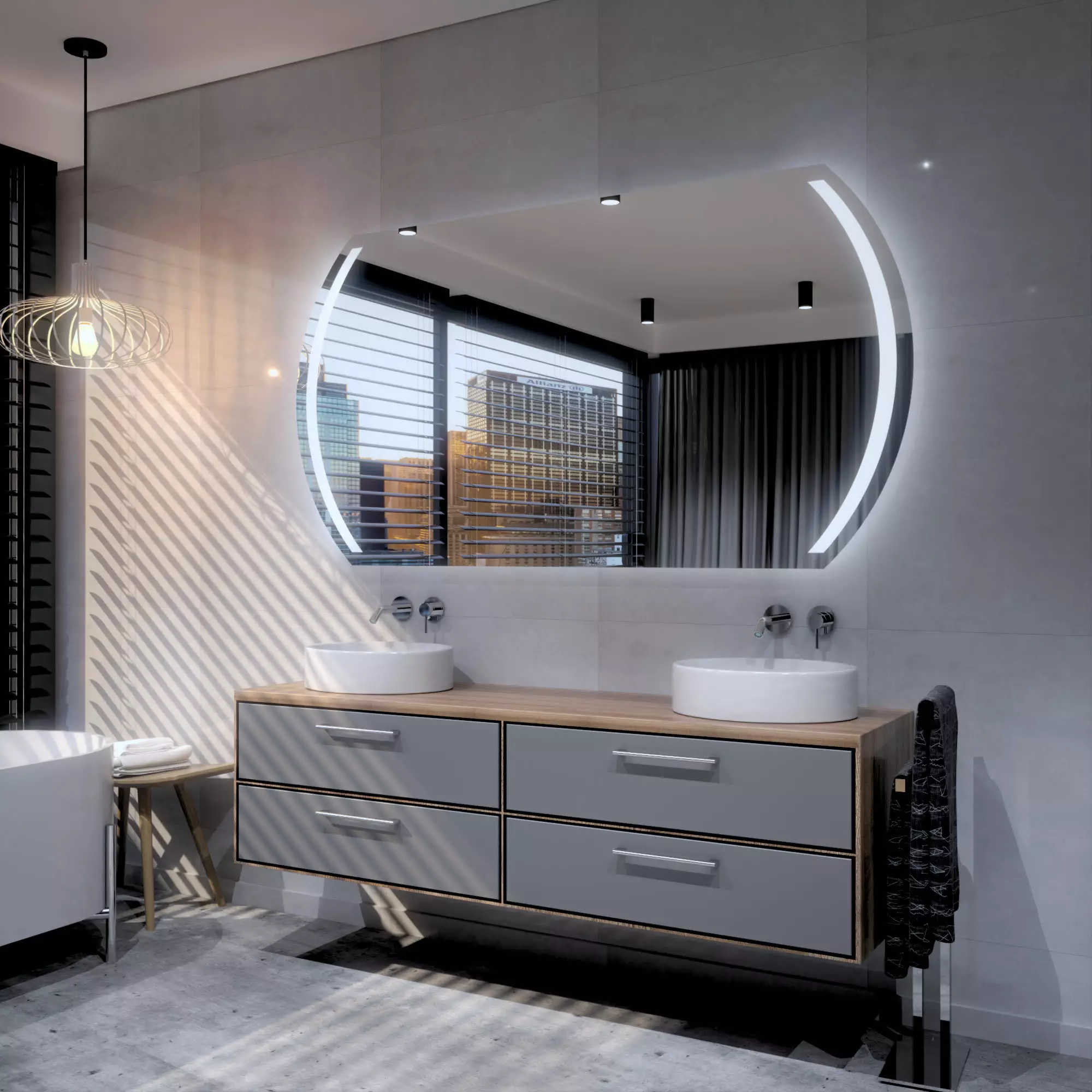 Bad mit großem rechteckigen LED-Spiegel und Doppelwaschtisch