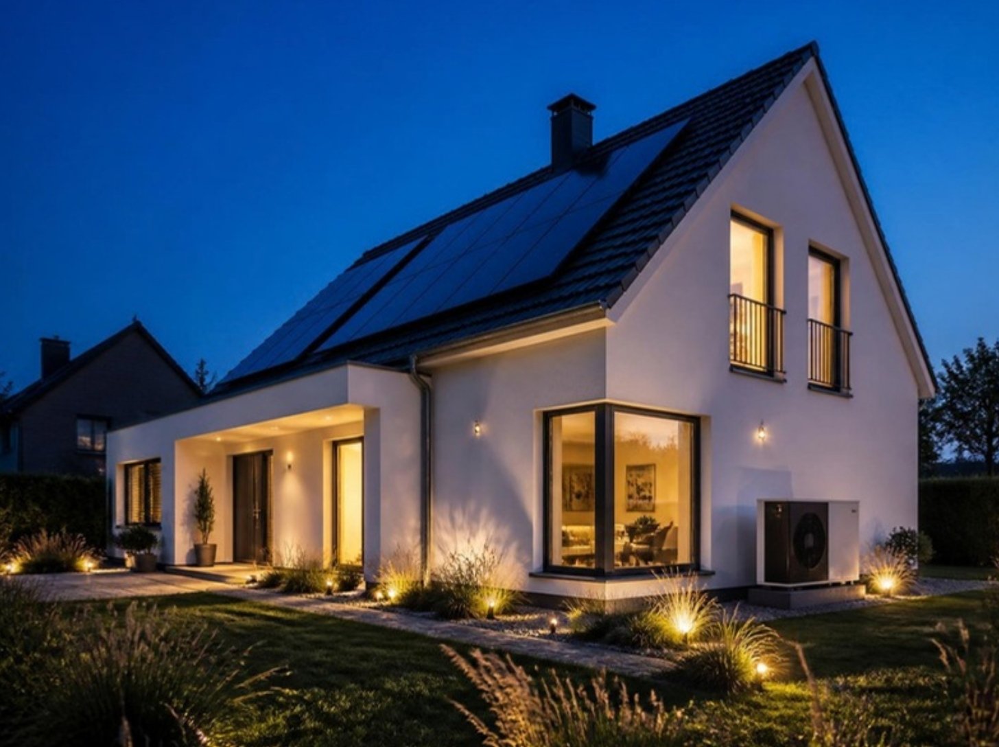 Modernes Einfamilienhaus in der Abenddämmerung mit Photovoltaik auf dem Dach und Wärmepumpe neben dem Haus