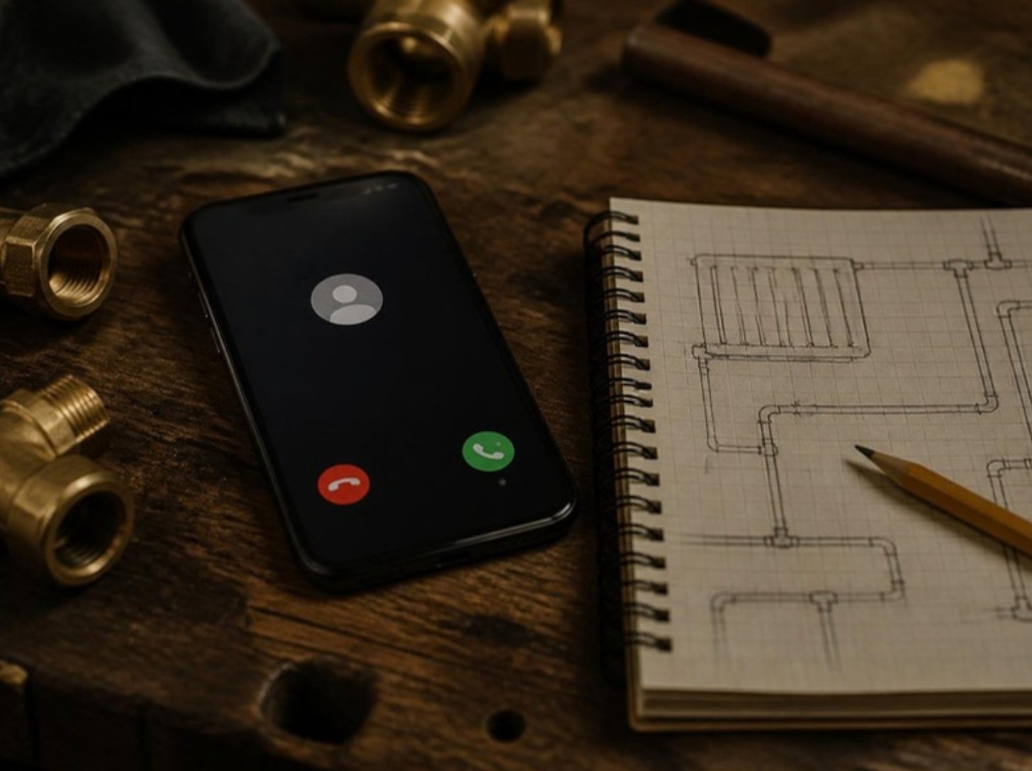 Smartphone mit eingehendem Anruf auf einer Werkbank neben Skizzen und Messingfittings