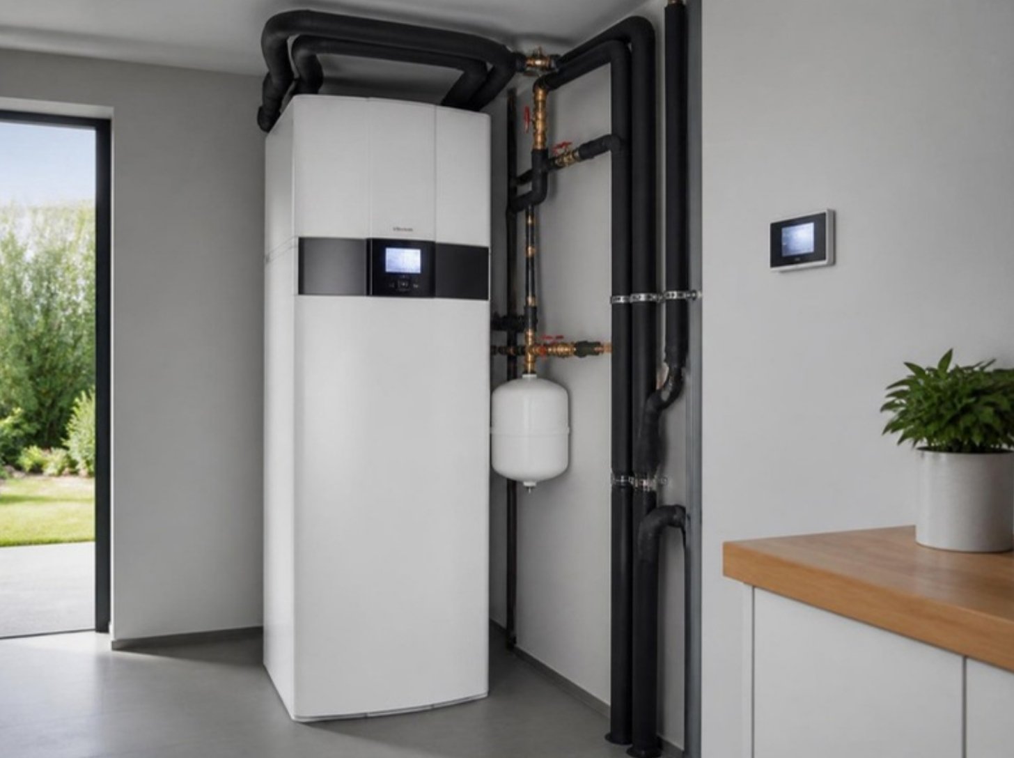 Saubere Installation einer Wärmepumpen-Inneneinheit mit Speicher im Technikraum