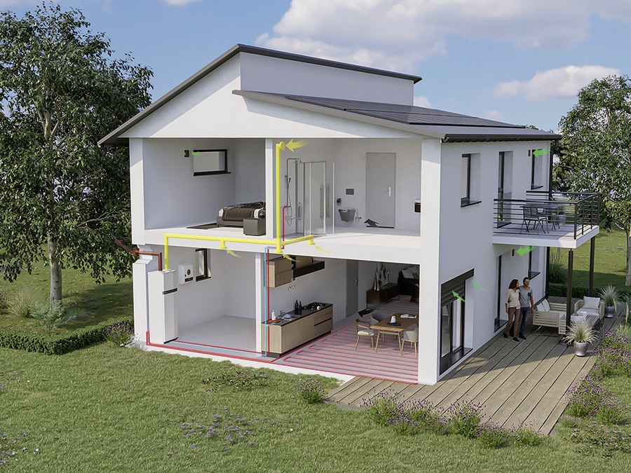 Luft/Wasser-Wärmepumpe vor einem Haus